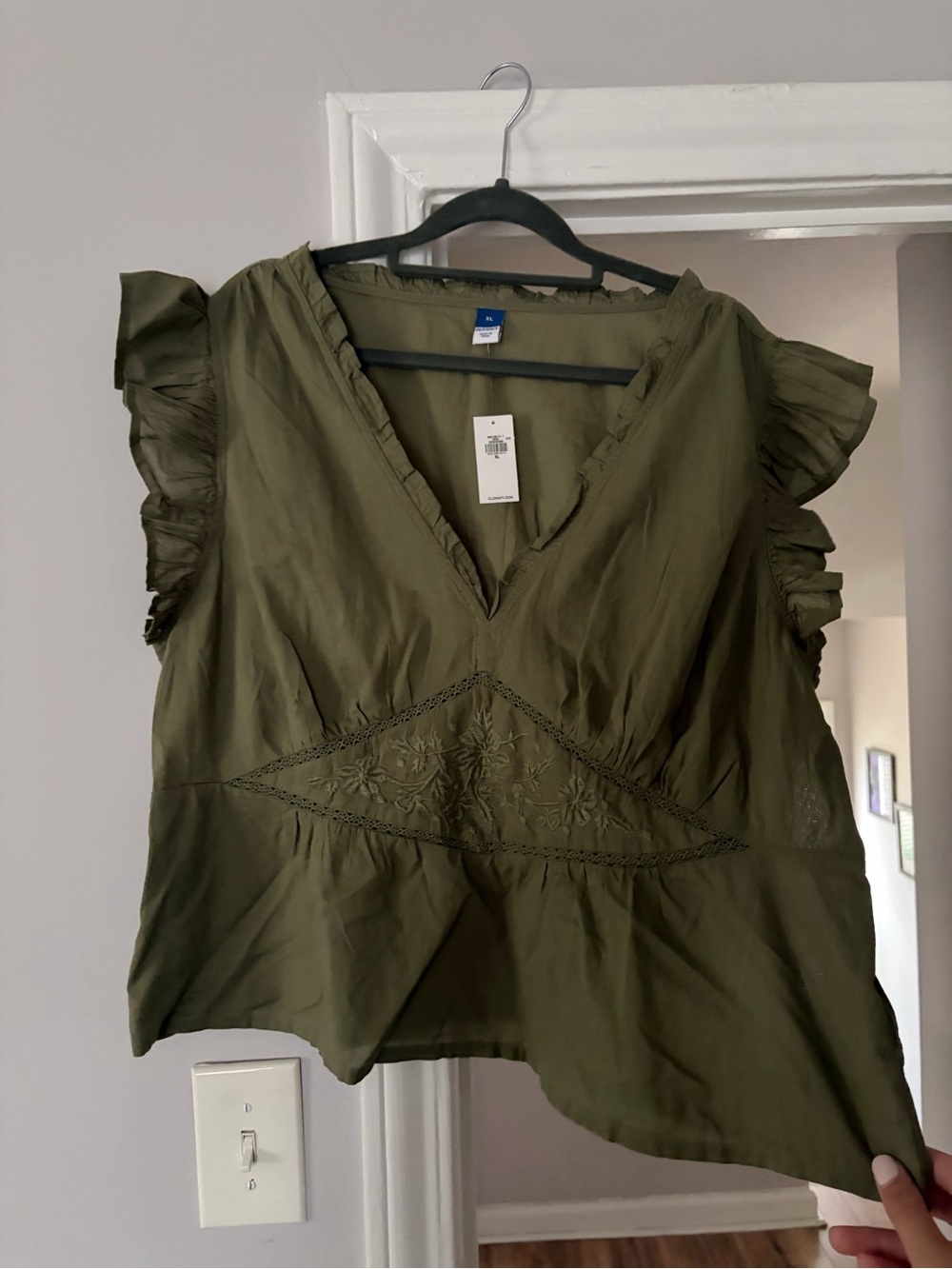 Old Navy Olive Green V-Neck Ruffle Sleeve Blouse
